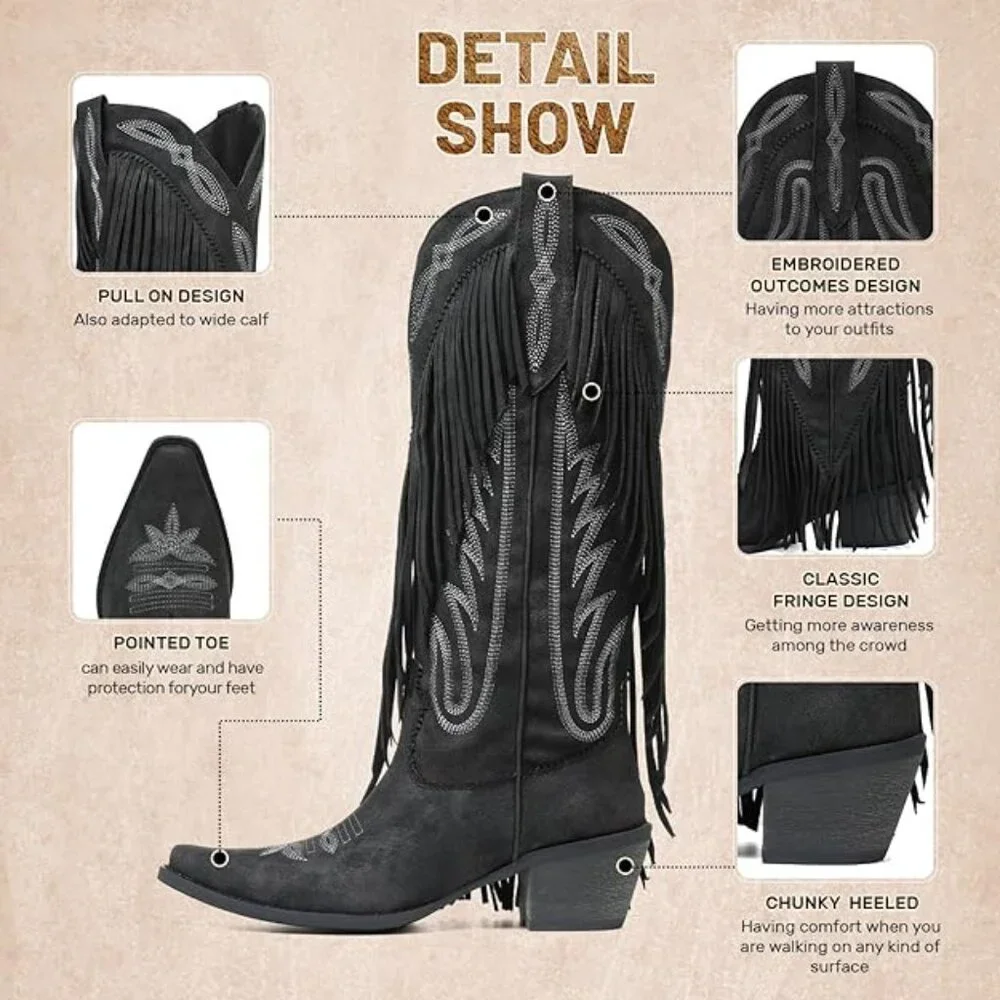 Women Fringe Knee High Cowgirl Western Boots with Classic Embroidery Pointed Toe - Picture 5 of 5